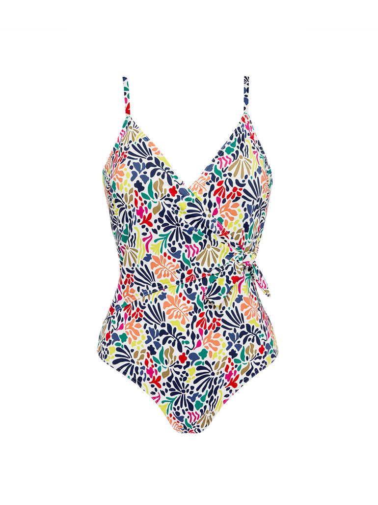 Maillot de bain 1 pièce bonnet mousse sans armature - Imprimé tropico blanc
