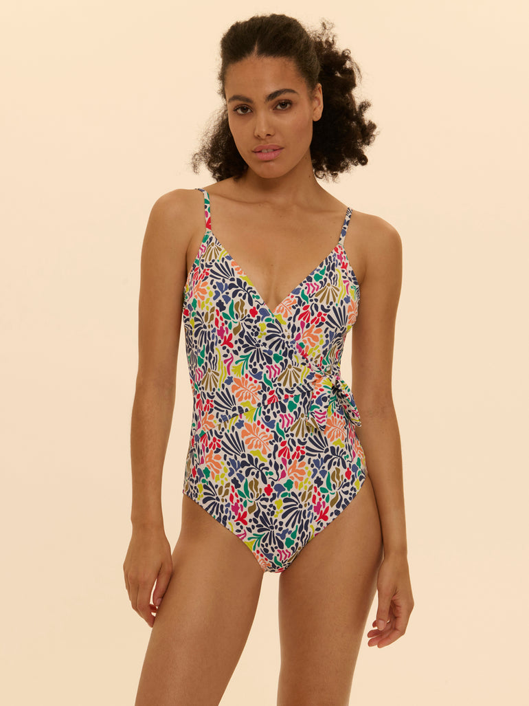 Maillot de bain 1 pièce bonnet mousse sans armature - Imprimé tropico blanc
