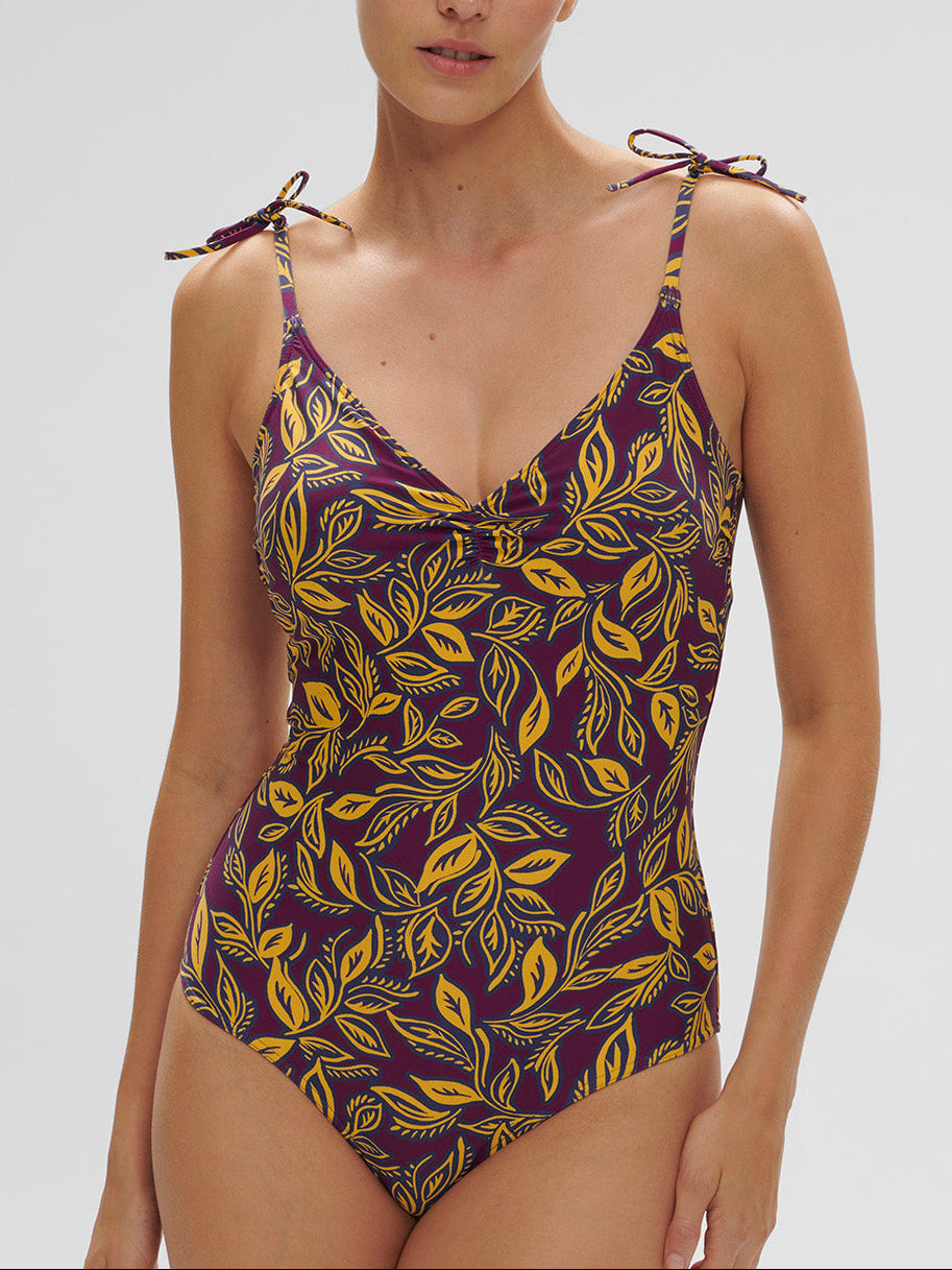 Maillot de bain 1 pièce bonnet mousse sans armature - Imprimé Violet Agadir